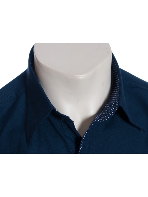 Camisa social masculina de tricoline manga curta com detalhe na frente, marinho Camisa social masculina de tricoline manga curta com detalhe na frente, marinho