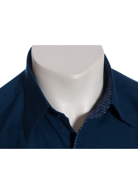 Camisa social masculina de tricoline manga curta com detalhe na frente, marinho