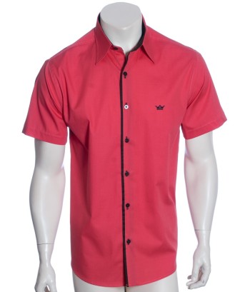 Camisa social masculina de tricoline manga curta com detalhe na frente, vermelha