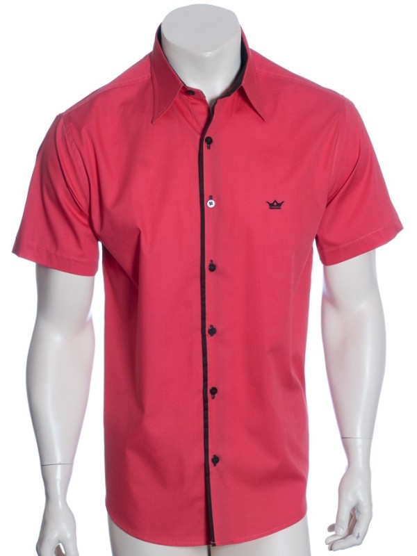 Camisa social masculina de tricoline manga curta com detalhe na frente, vermelha Camisa social masculina de tricoline manga curta com detalhe na frente, vermelha