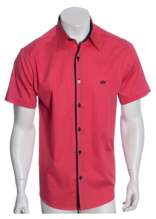 Camisa social masculina de tricoline manga curta com detalhe na frente, vermelha