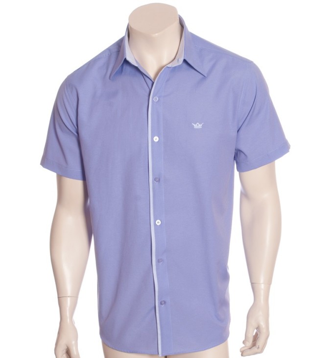 Camisa social masculina de algodão manga curta com detalhe na frente, lilás