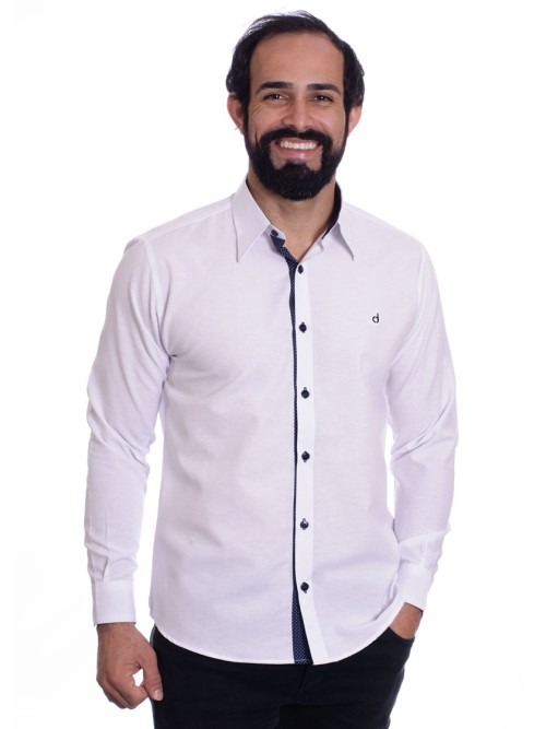 Camisa masculina branca detalhe na frente de tricoline manga longa