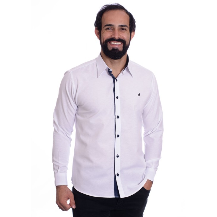 Camisa masculina branca detalhe na frente de tricoline manga longa