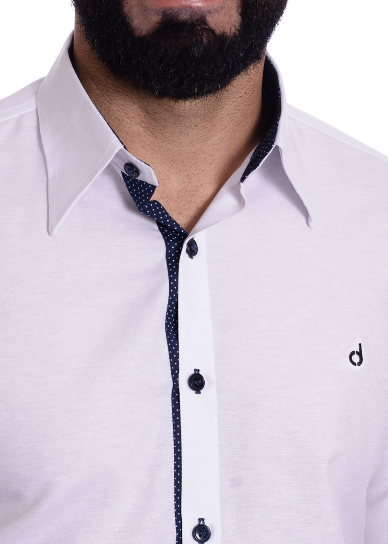 Camisa masculina branca detalhe na frente de tricoline manga longa