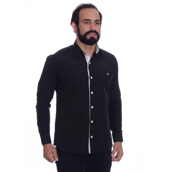 Camisa masculina com detalhe branco e preto de tricoline manga longa
