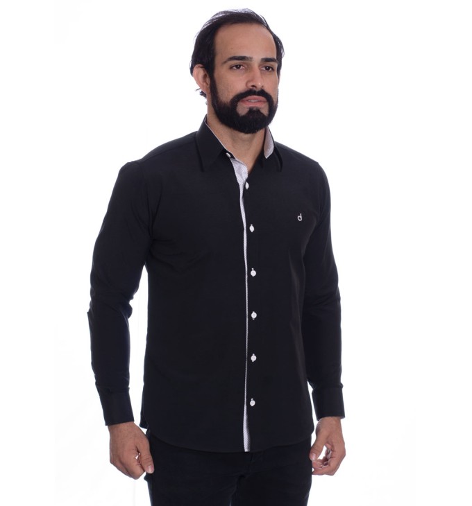 Camisa masculina com detalhe branco e preto de tricoline manga longa Camisa masculina com detalhe branco e preto de tricoline manga longa