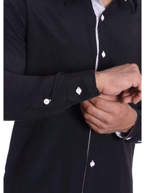 Camisa masculina com detalhe branco e preto de tricoline manga longa Camisa masculina com detalhe branco e preto de tricoline manga longa