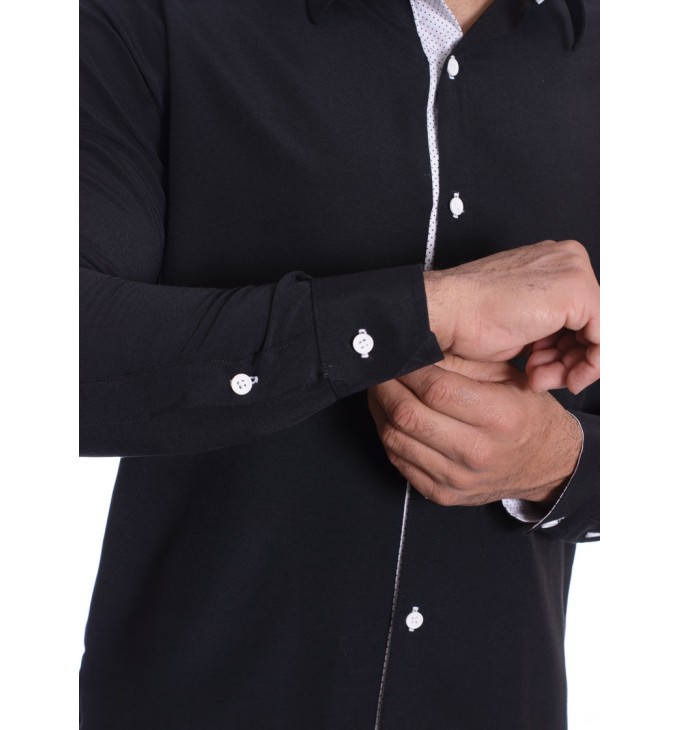 Camisa masculina com detalhe branco e preto de tricoline manga longa Camisa masculina com detalhe branco e preto de tricoline manga longa