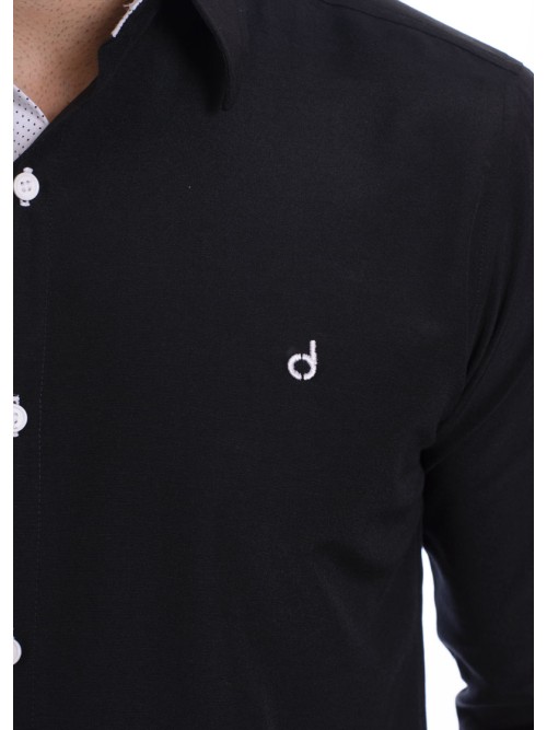 Camisa masculina com detalhe branco e preto de tricoline manga longa Camisa masculina com detalhe branco e preto de tricoline manga longa