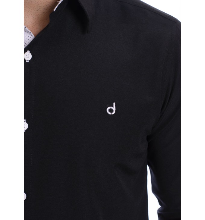 Camisa masculina com detalhe branco e preto de tricoline manga longa Camisa masculina com detalhe branco e preto de tricoline manga longa