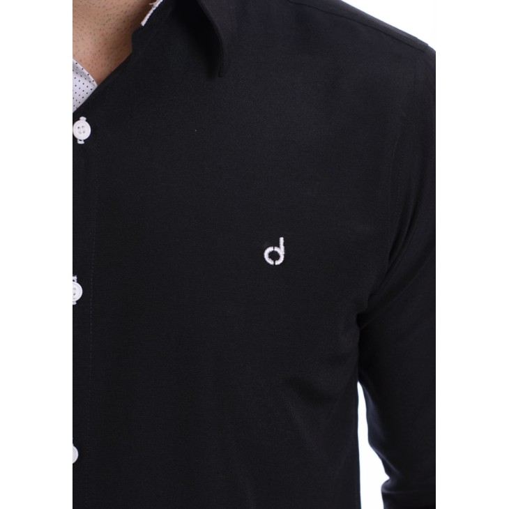 Camisa masculina com detalhe branco e preto de tricoline manga longa