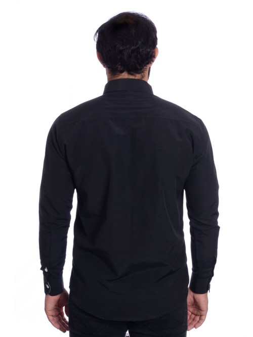 Camisa masculina com detalhe branco e preto de tricoline manga longa Camisa masculina com detalhe branco e preto de tricoline manga longa
