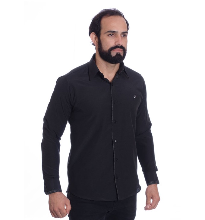 Camisa preta com detalhe na frente masculina de tricoline manga longa Camisa preta com detalhe na frente masculina de tricoline manga longa