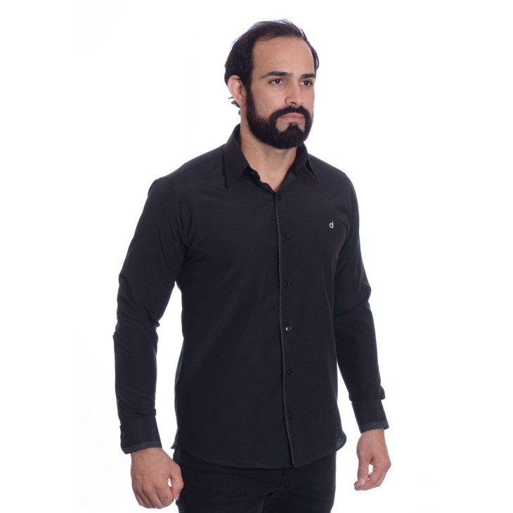 Camisa preta com detalhe na frente masculina de tricoline manga longa