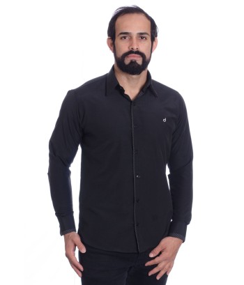 Camisa preta com detalhe na frente masculina de tricoline manga longa