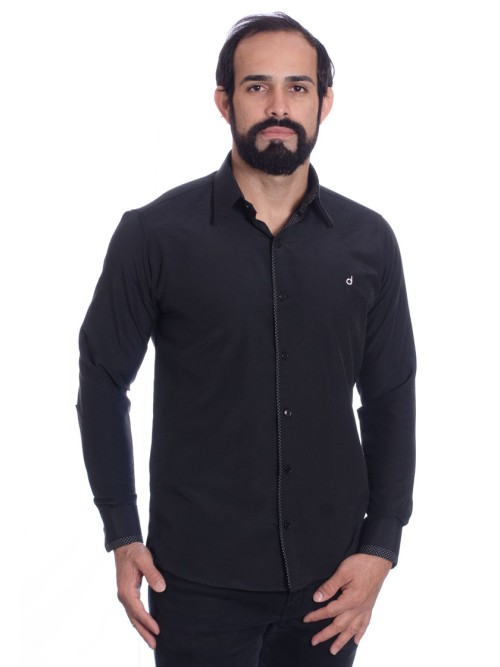 Camisa preta com detalhe na frente masculina de tricoline manga longa Camisa preta com detalhe na frente masculina de tricoline manga longa
