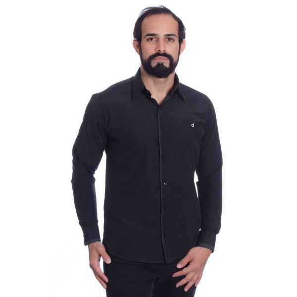 Camisa preta com detalhe na frente masculina de tricoline manga longa