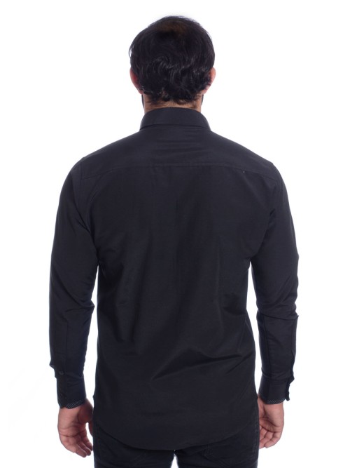 Camisa preta com detalhe na frente masculina de tricoline manga longa Camisa preta com detalhe na frente masculina de tricoline manga longa