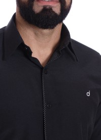 Camisa preta com detalhe na frente masculina de tricoline manga longa