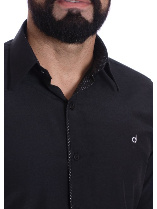 Camisa preta com detalhe na frente masculina de tricoline manga longa Camisa preta com detalhe na frente masculina de tricoline manga longa