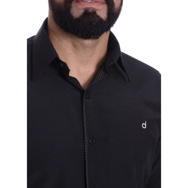 Camisa preta com detalhe na frente masculina de tricoline manga longa