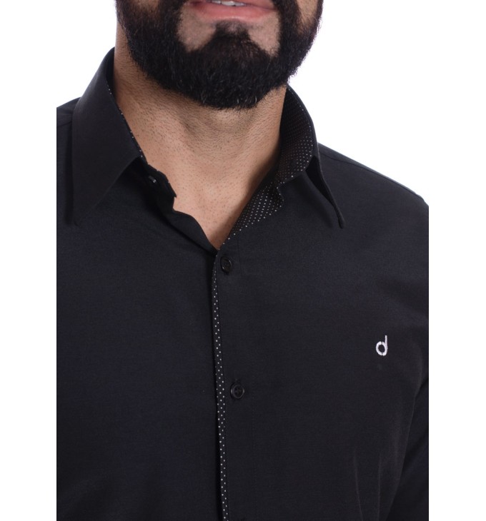 Camisa preta com detalhe na frente masculina de tricoline manga longa Camisa preta com detalhe na frente masculina de tricoline manga longa