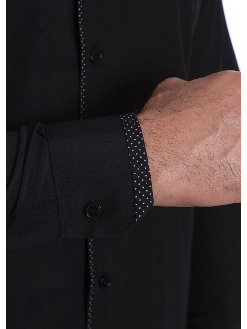 Camisa preta com detalhe na frente masculina de tricoline manga longa Camisa preta com detalhe na frente masculina de tricoline manga longa