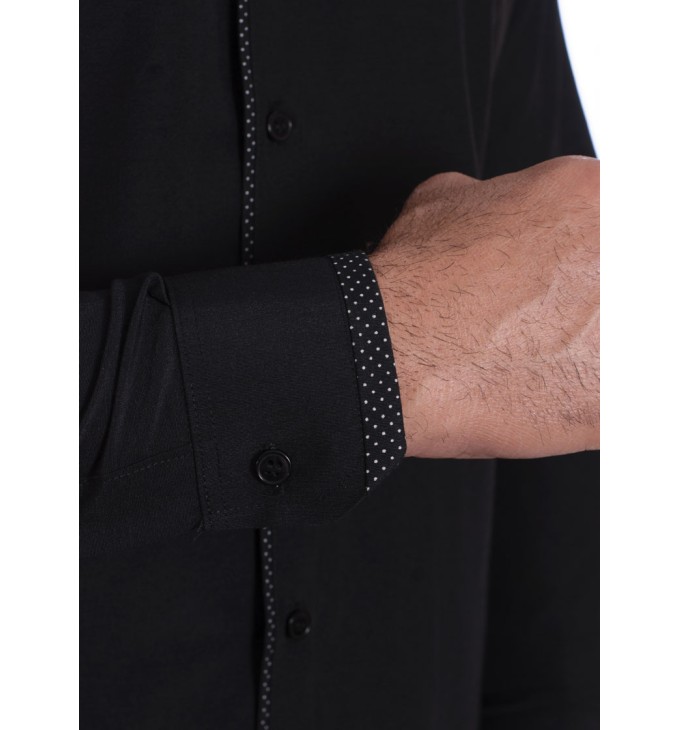 Camisa preta com detalhe na frente masculina de tricoline manga longa Camisa preta com detalhe na frente masculina de tricoline manga longa