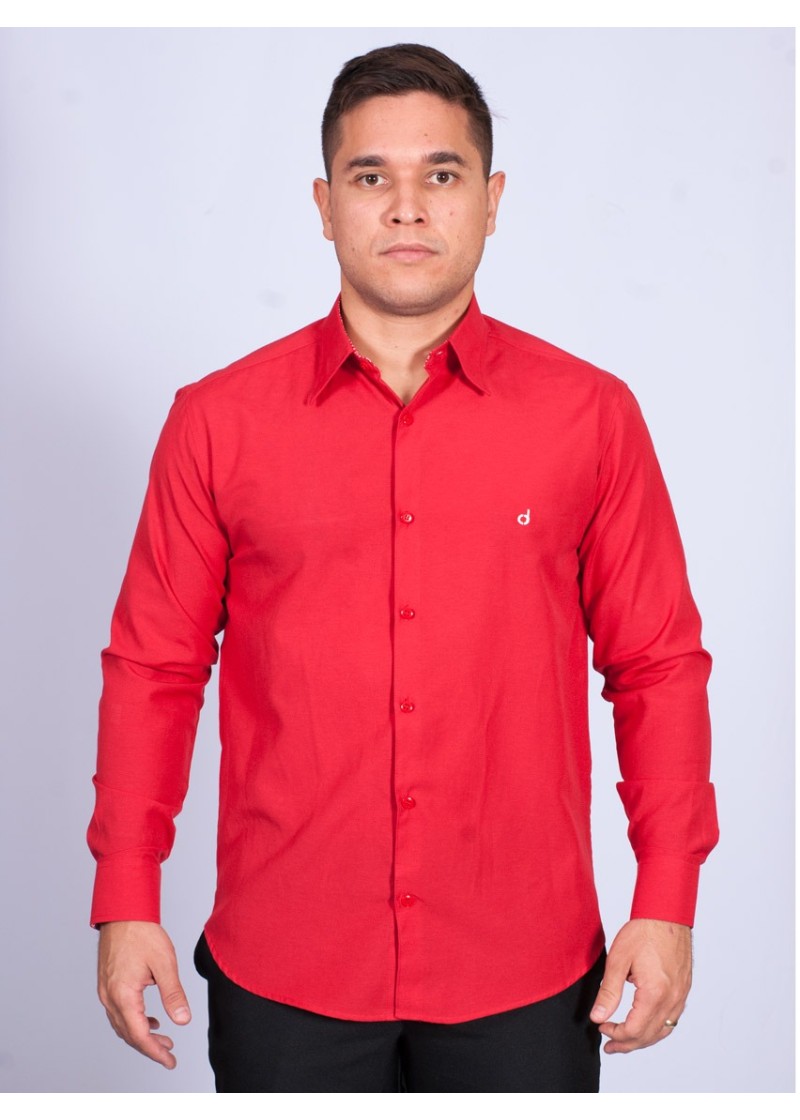Camisa social vermelha masculina manga longa tricoline