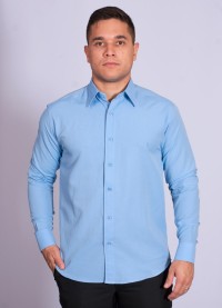 Camisa social masculina de tricoline com detalhe manga longa, azul