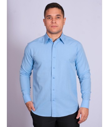 Camisa social masculina de tricoline com detalhe manga longa, azul