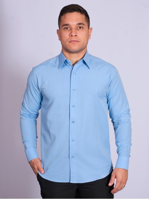 Camisa social masculina de tricoline com detalhe manga longa, azul