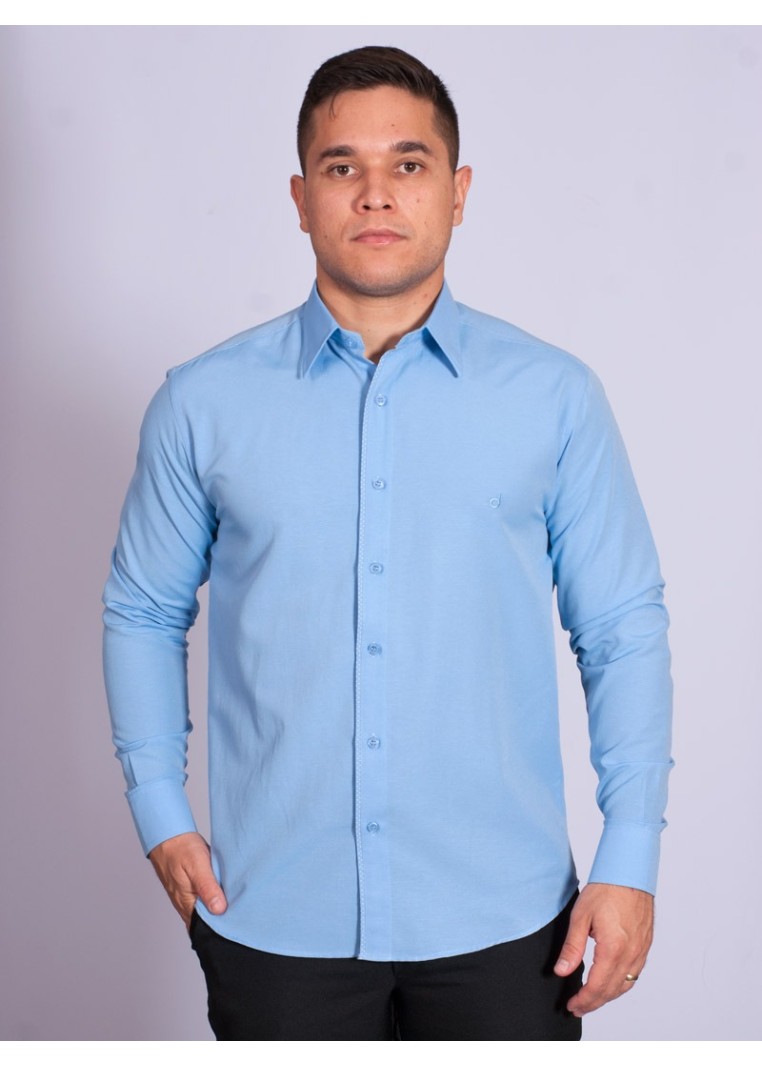 Camisa social masculina de tricoline com detalhe manga longa, azul