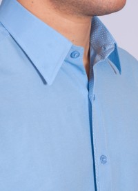 Camisa social masculina de tricoline com detalhe manga longa, azul