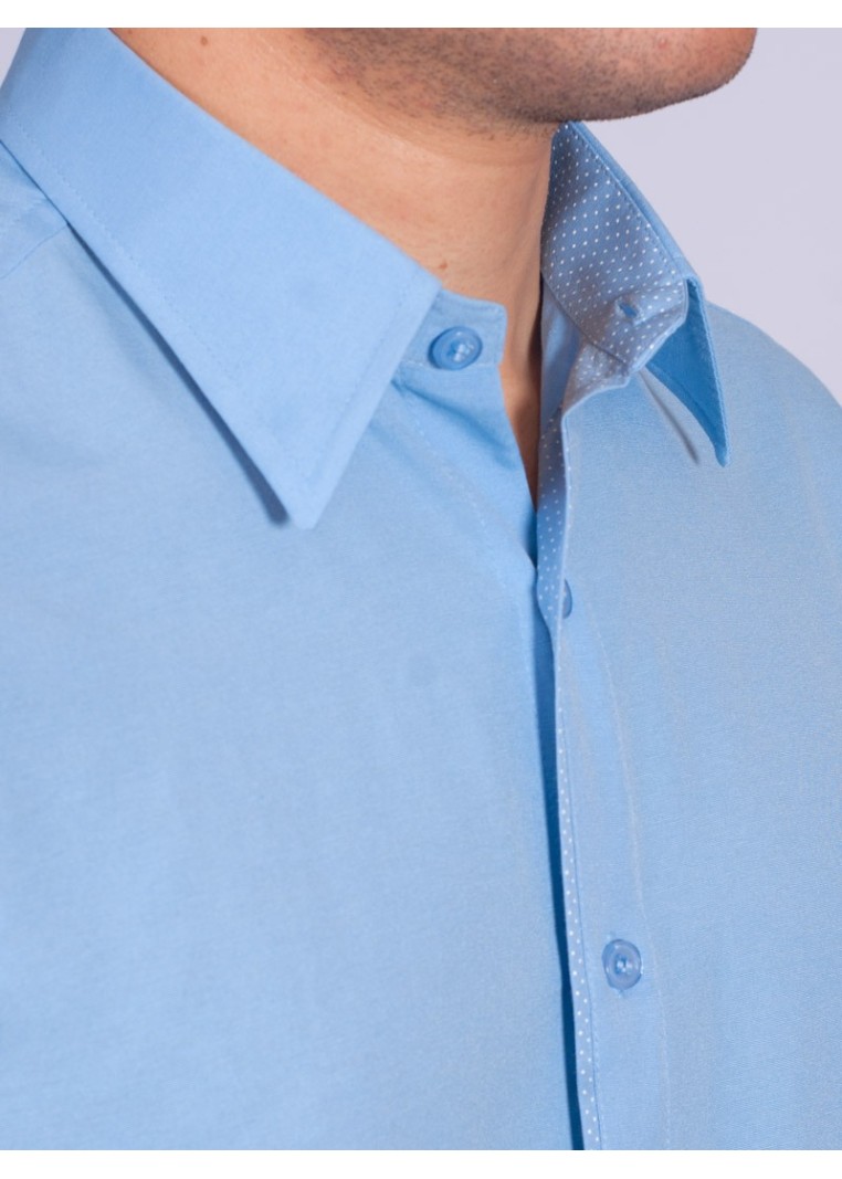 Camisa social masculina de tricoline com detalhe manga longa, azul