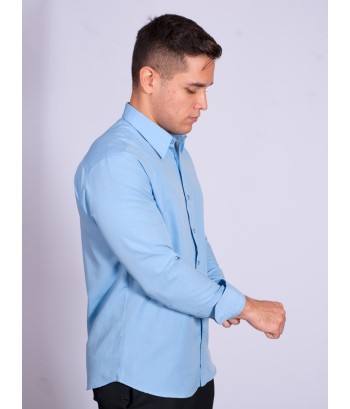 Camisa social masculina de tricoline com detalhe manga longa, azul