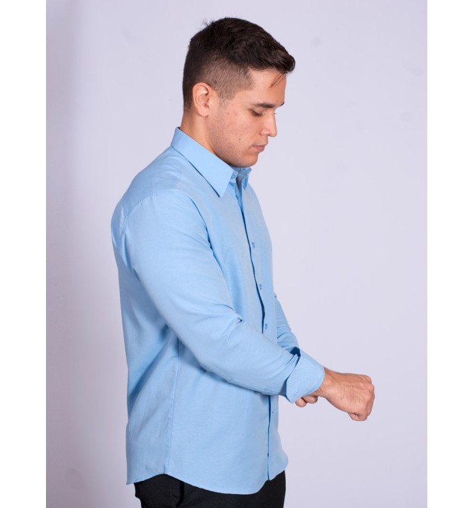 Camisa social masculina de tricoline com detalhe manga longa, azul Camisa social masculina de tricoline com detalhe manga longa, azul