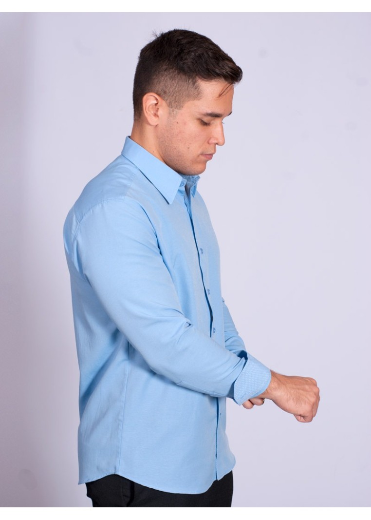 Camisa social masculina de tricoline com detalhe manga longa, azul