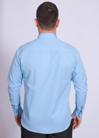 Camisa social masculina de tricoline com detalhe manga longa, azul