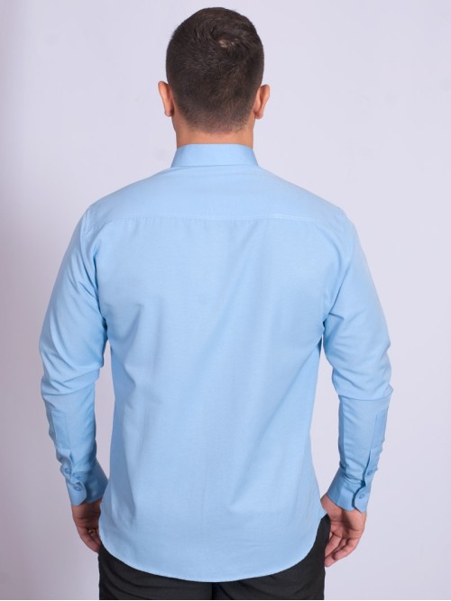 Camisa social masculina de tricoline com detalhe manga longa, azul
