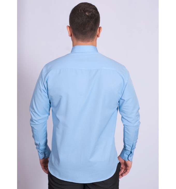Camisa social masculina de tricoline com detalhe manga longa, azul Camisa social masculina de tricoline com detalhe manga longa, azul