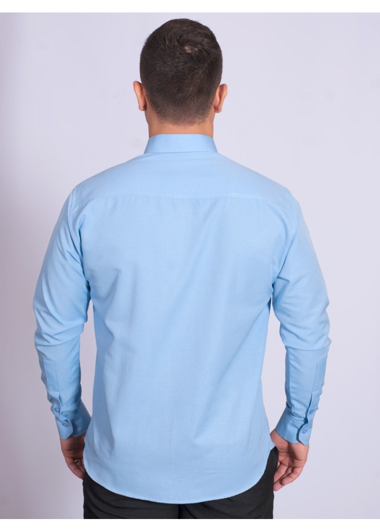 Camisa social masculina de tricoline com detalhe manga longa, azul