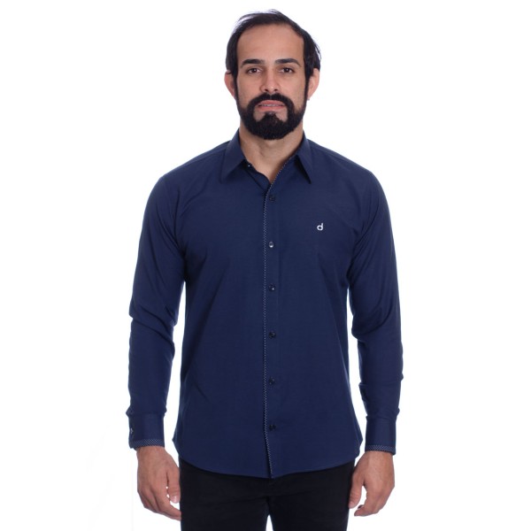 Camisa masculina marinho detalhe na frente de tricoline manga longa