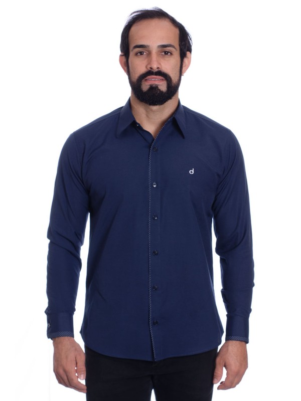 Camisa masculina marinho detalhe na frente de tricoline manga longa