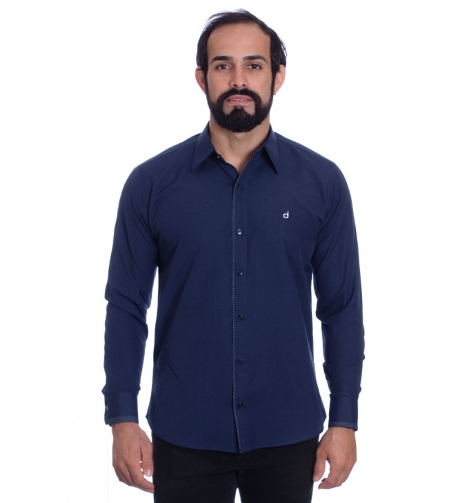 Camisa masculina marinho detalhe na frente de tricoline manga longa Camisa masculina marinho detalhe na frente de tricoline manga longa