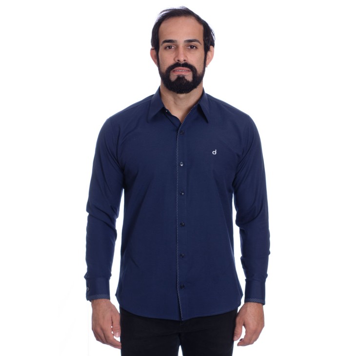 Camisa masculina marinho detalhe na frente de tricoline manga longa