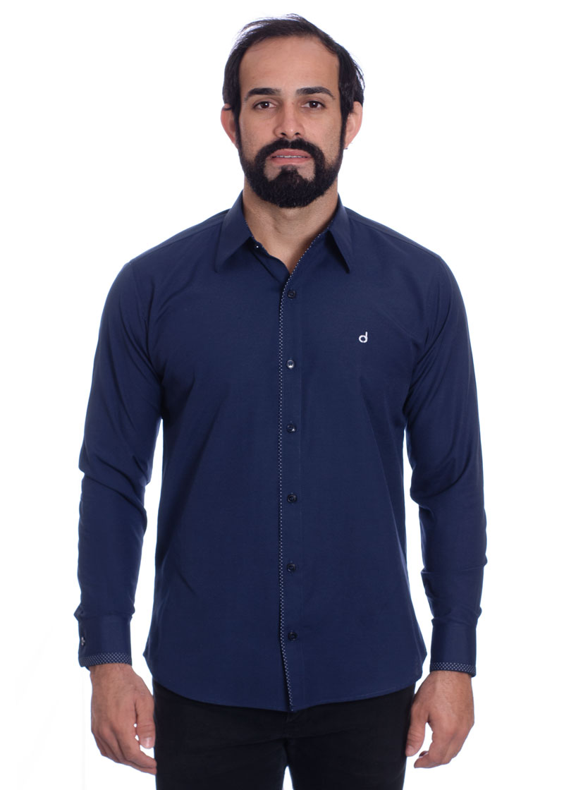 Camisa masculina marinho detalhe na frente de tricoline manga longa