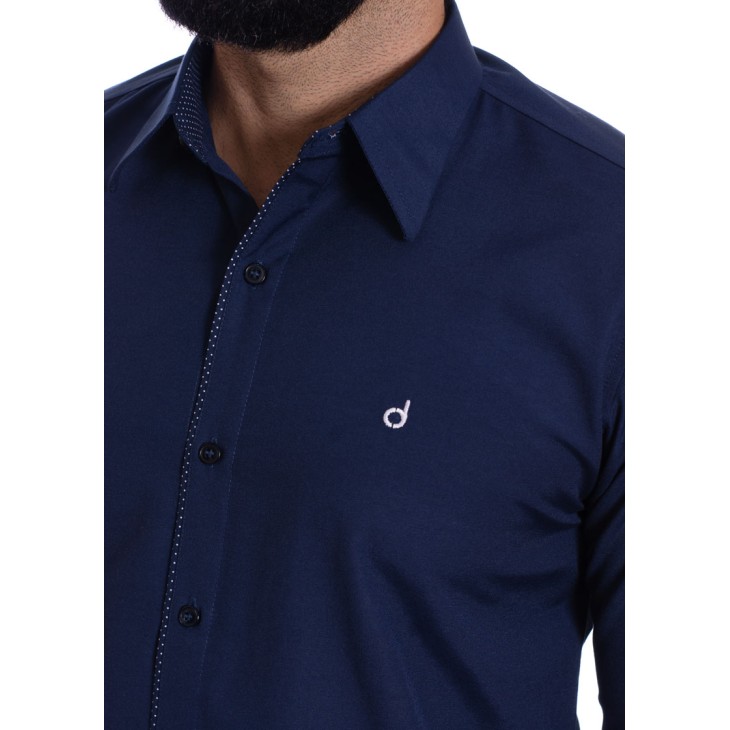 Camisa masculina marinho detalhe na frente de tricoline manga longa