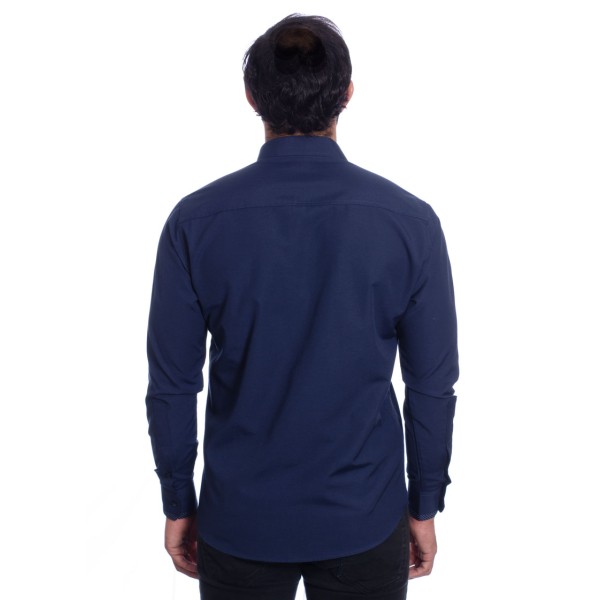 Camisa masculina marinho detalhe na frente de tricoline manga longa